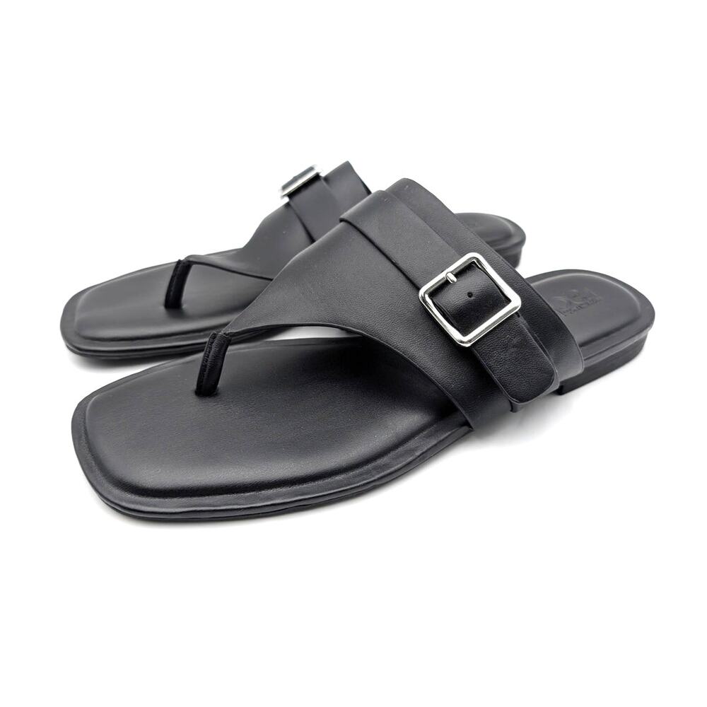 Nordstrom Rack Casen T-Strap Flat Sandal Buckle Women's Black Size US7.5M EU37.5